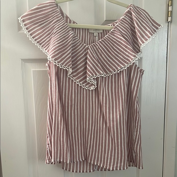 LOFT Tops - Loft Red Flutter Sleeve Blouse with Ruffled Bib Collar